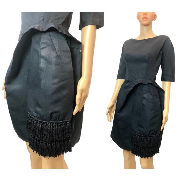 60s Black Cocktail Dress | Mid Century MOD Sash Fringe Accent  XS - Picture 9 of 9
